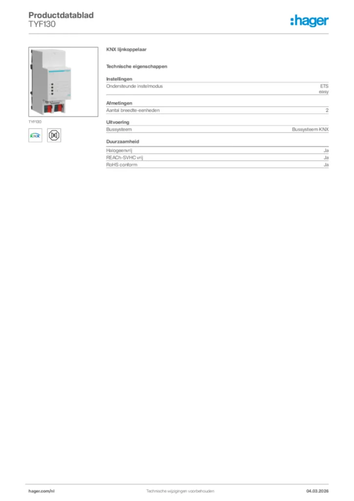 Afbeelding Hager Productdatablad TYF130 | Hager Nederland