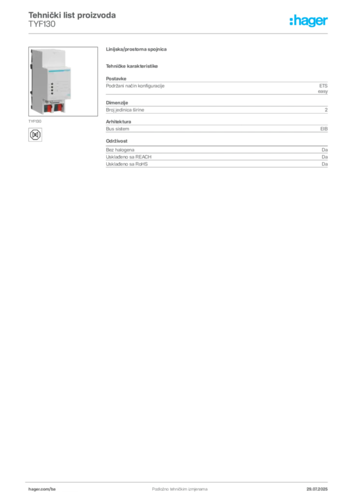 Slika Hager Product data sheet TYF130  | Hager