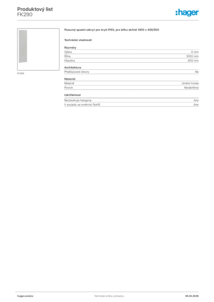 Obrázek Hager Product data sheet FK290 | Hager