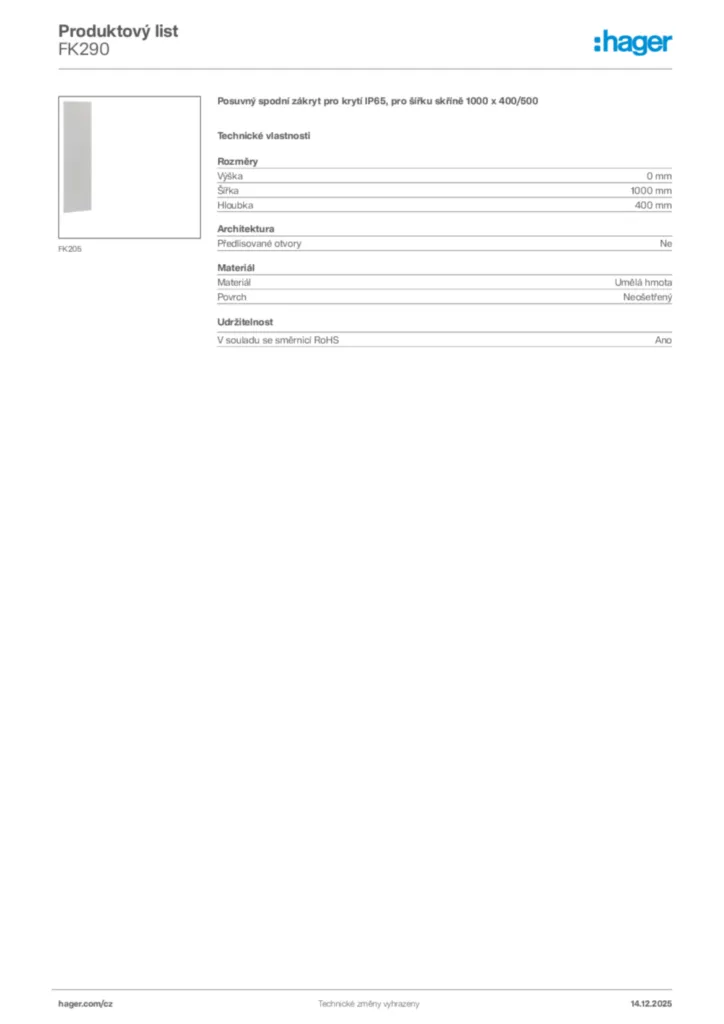 Obrázek Hager Produktový list FK290 | Hager