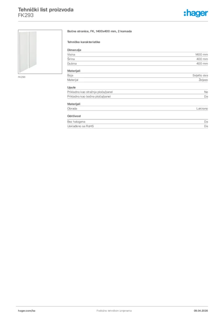 Slika Hager Tehnički list proizvoda FK293  | Hager