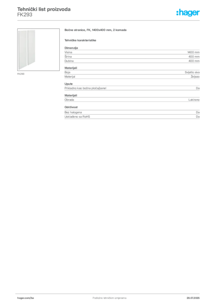 Slika Hager Product data sheet FK293  | Hager