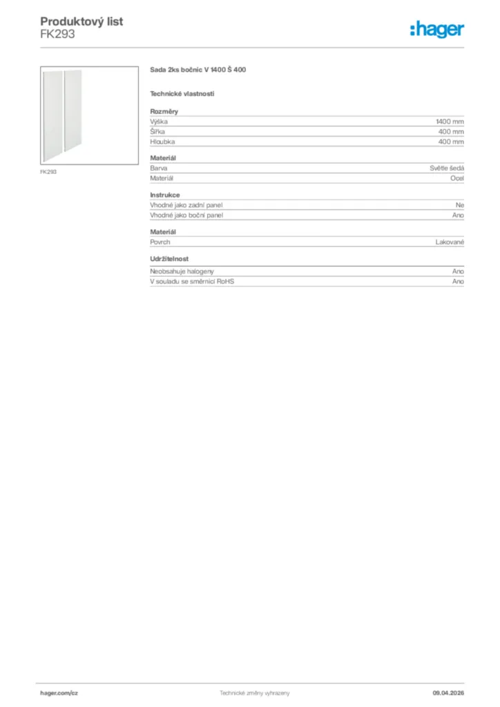 Obrázek Hager Product data sheet FK293 | Hager