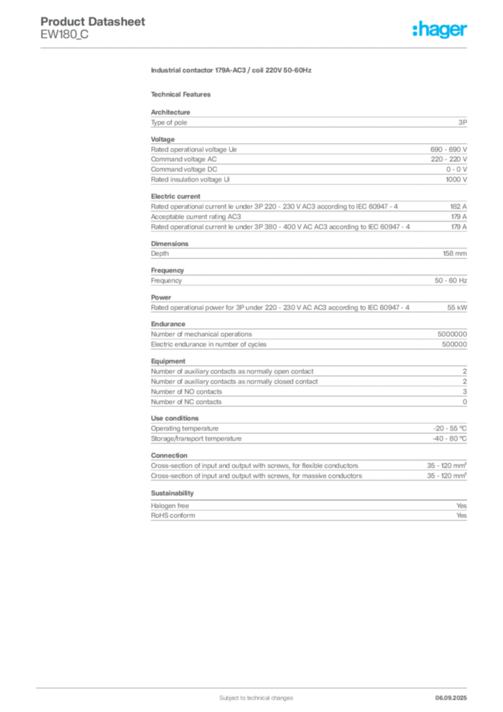 Image Hager Product data sheet EW180_C  | Hager