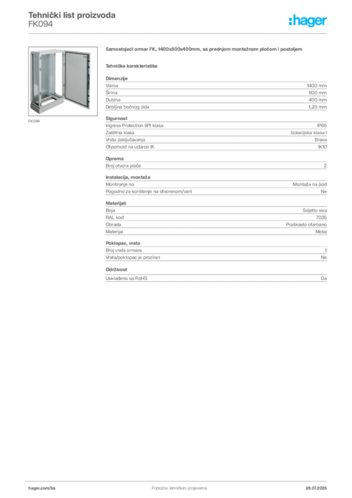 Slika Hager Product data sheet FK094  | Hager