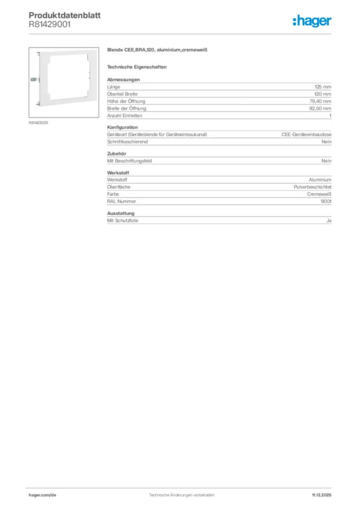 Bild Hager Produktdatenblatt R81429001 | Hager Deutschland