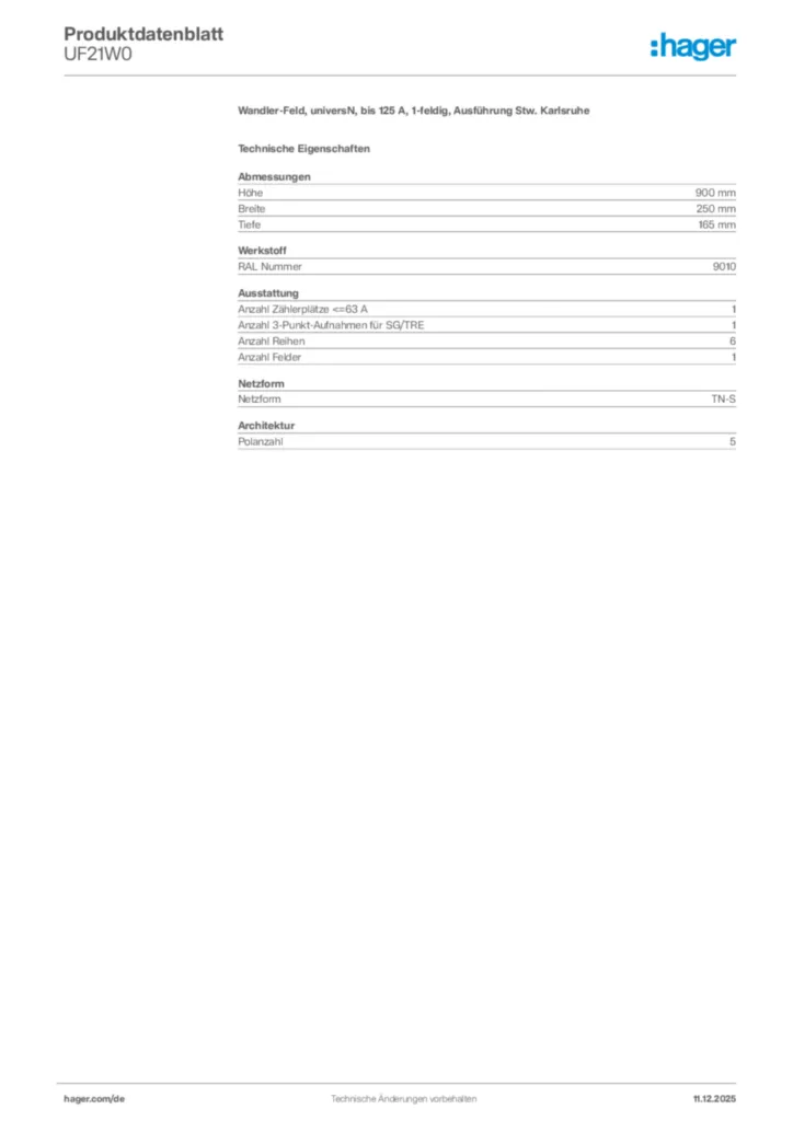Bild Hager Produktdatenblatt UF21W0 | Hager Deutschland