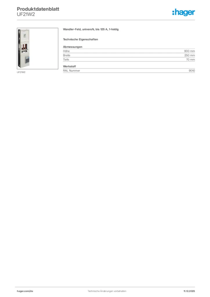 Bild Hager Produktdatenblatt UF21W2 | Hager Deutschland