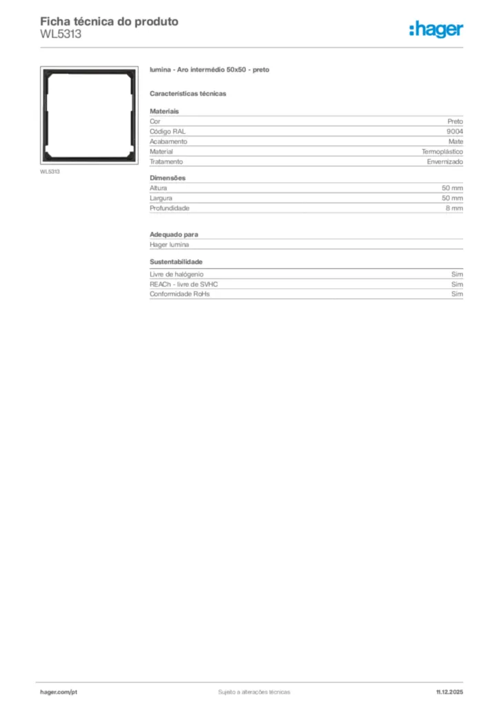 Imagem Hager Ficha técnica do produto WL5313 | Hager Portugal
