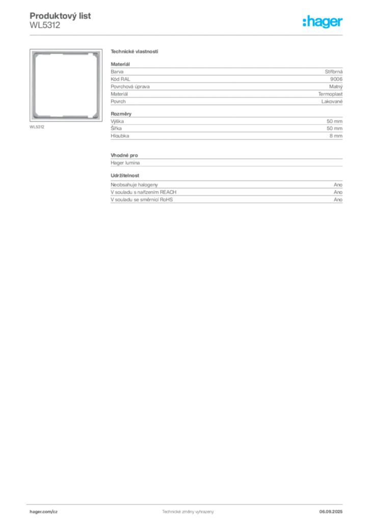 Obrázek Hager Produktový list WL5312 | Hager