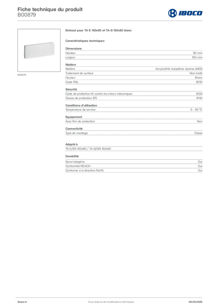 Image Iboco Fiche technique du produit B00879 | Hager France
