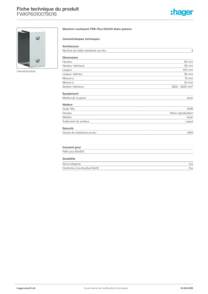 Image Hager Fiche technique du produit FWKP6010079016 | Hager Suisse