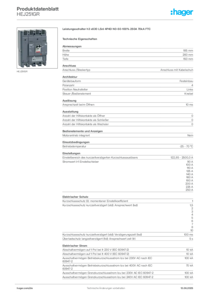 Bild Hager Produktdatenblatt HEJ251GR | Hager Deutschland