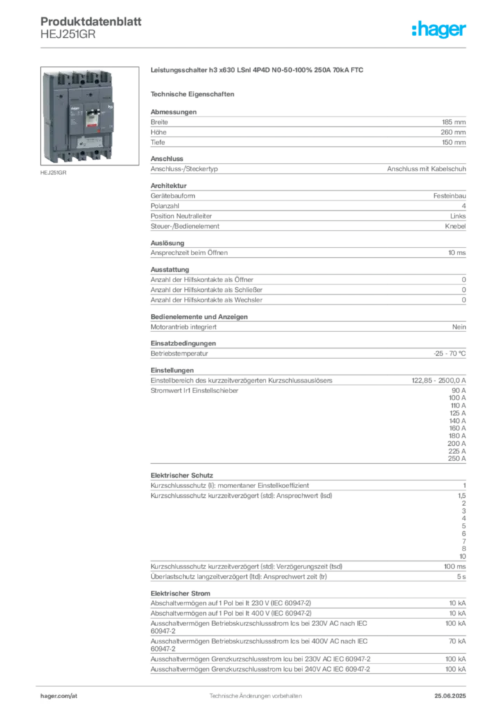 Bild Hager Produktdatenblatt HEJ251GR | Hager Deutschland