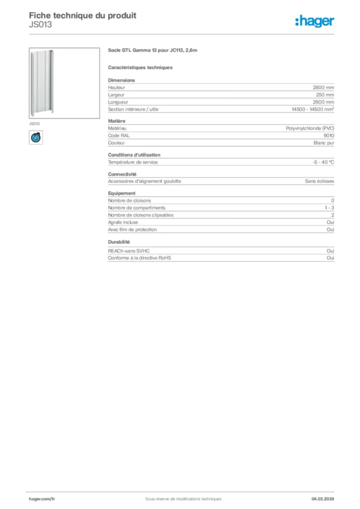 Image Hager Fiche technique du produit JS013 | Hager France