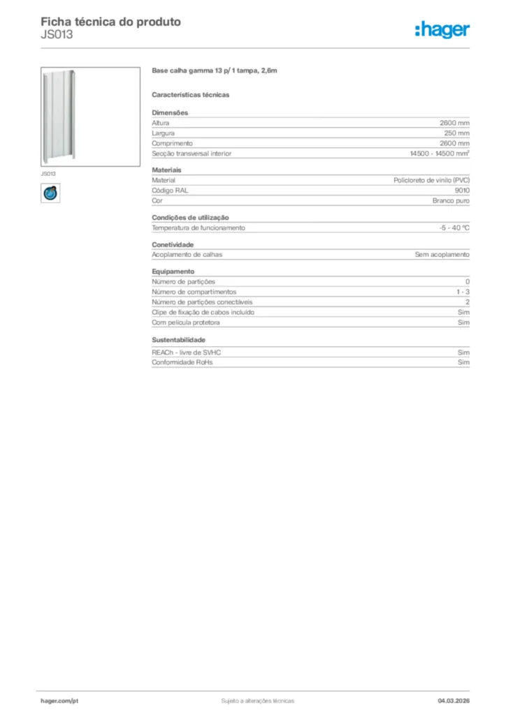 Imagem Hager Ficha técnica do produto JS013 | Hager Portugal