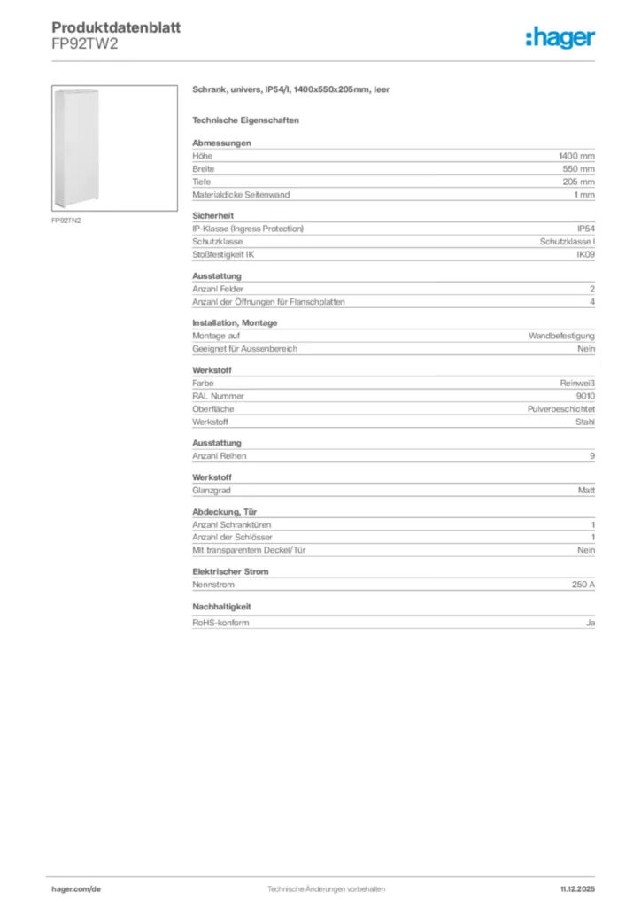 Bild Hager Produktdatenblatt FP92TW2 | Hager Deutschland