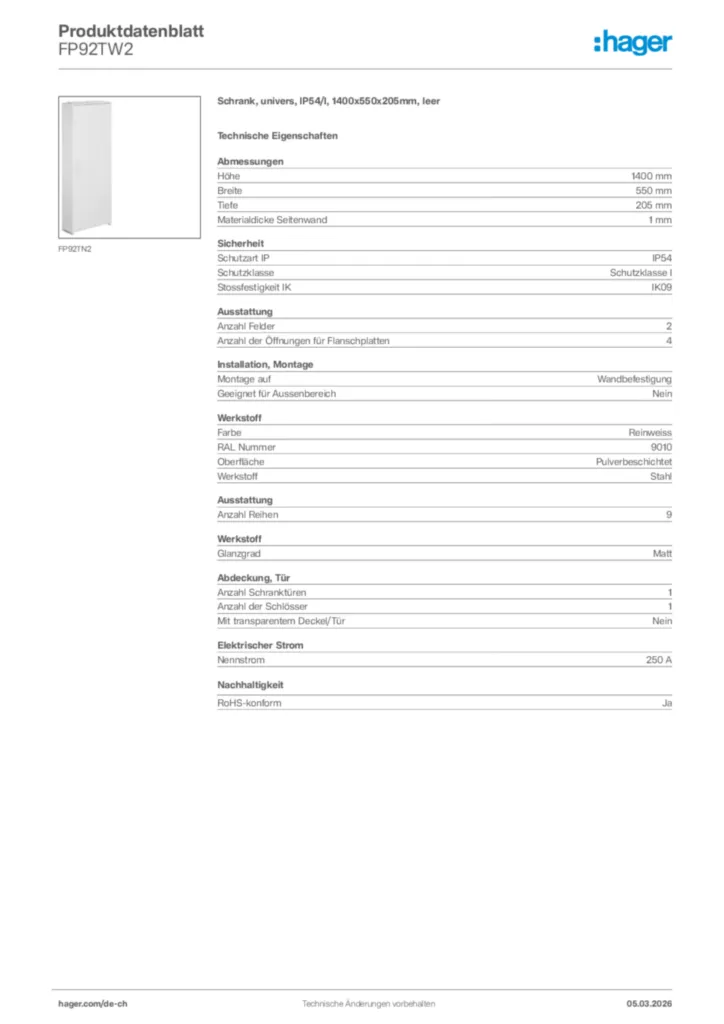 Bild Hager Produktdatenblatt FP92TW2 | Hager Schweiz