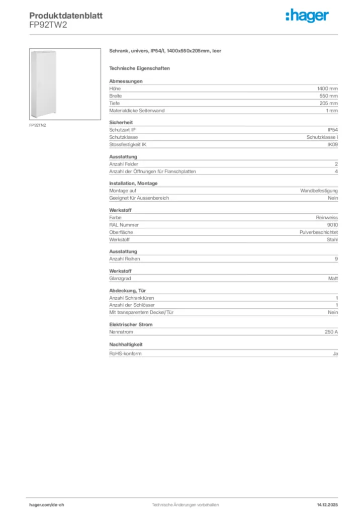 Bild Hager Produktdatenblatt FP92TW2 | Hager Schweiz