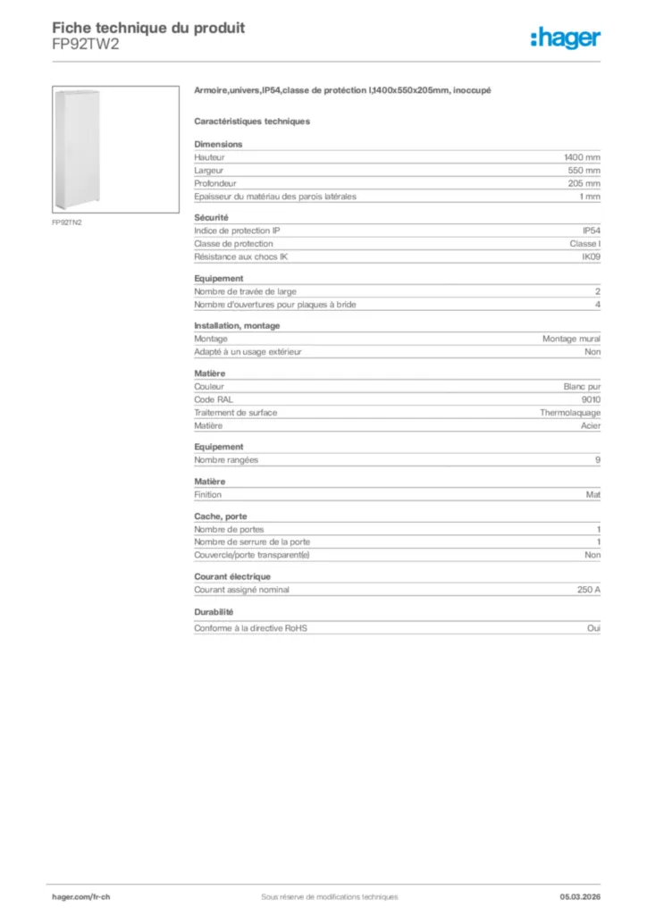Image Hager Fiche technique du produit FP92TW2 | Hager Suisse