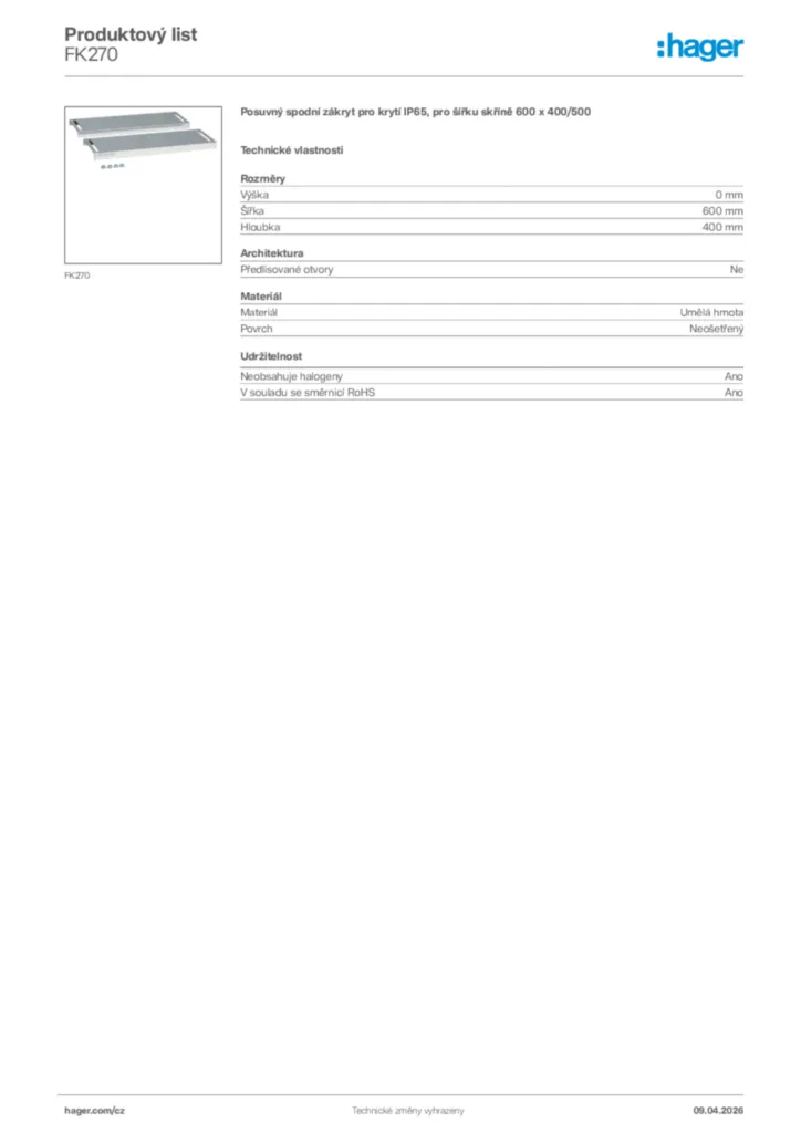 Obrázek Hager Product data sheet FK270 | Hager