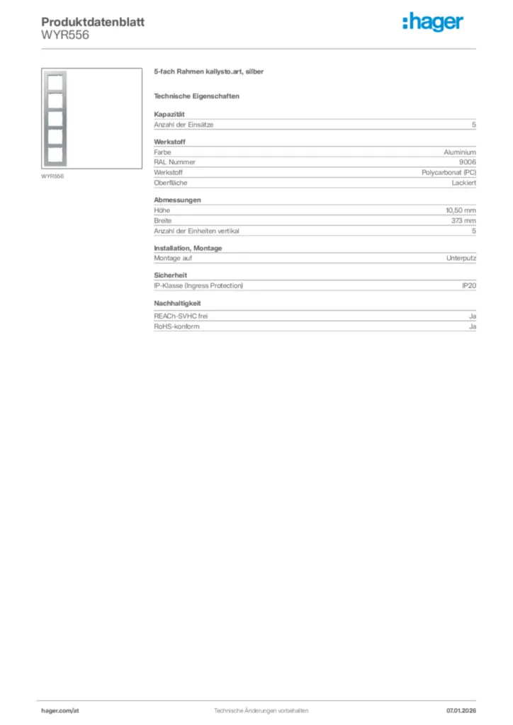 Bild Hager Produktdatenblatt WYR556 | Hager Deutschland
