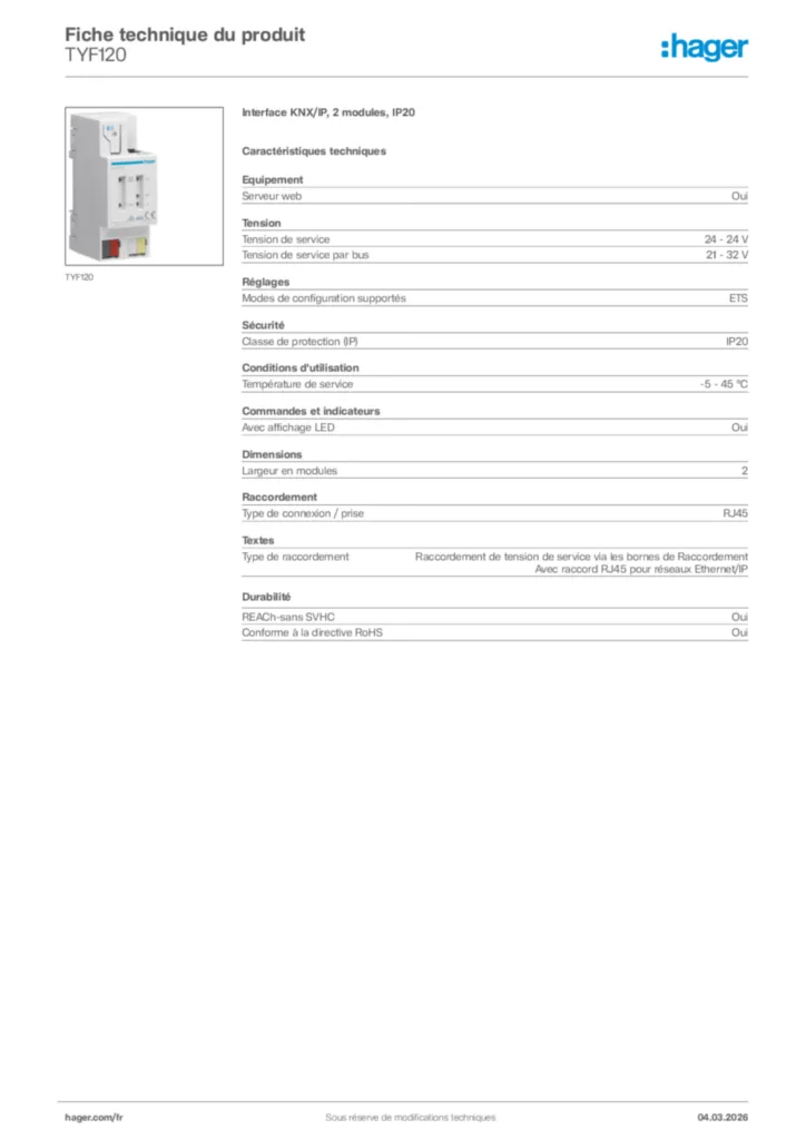 Image Hager Fiche technique du produit TYF120 | Hager France