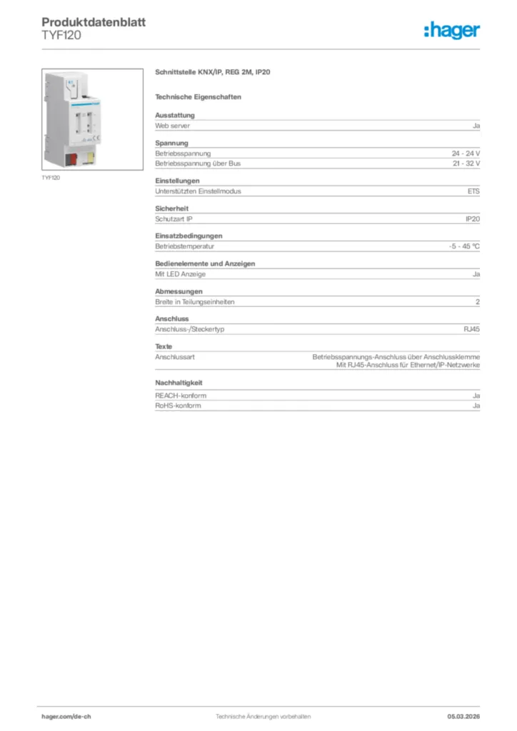 Bild Hager Produktdatenblatt TYF120 | Hager Schweiz