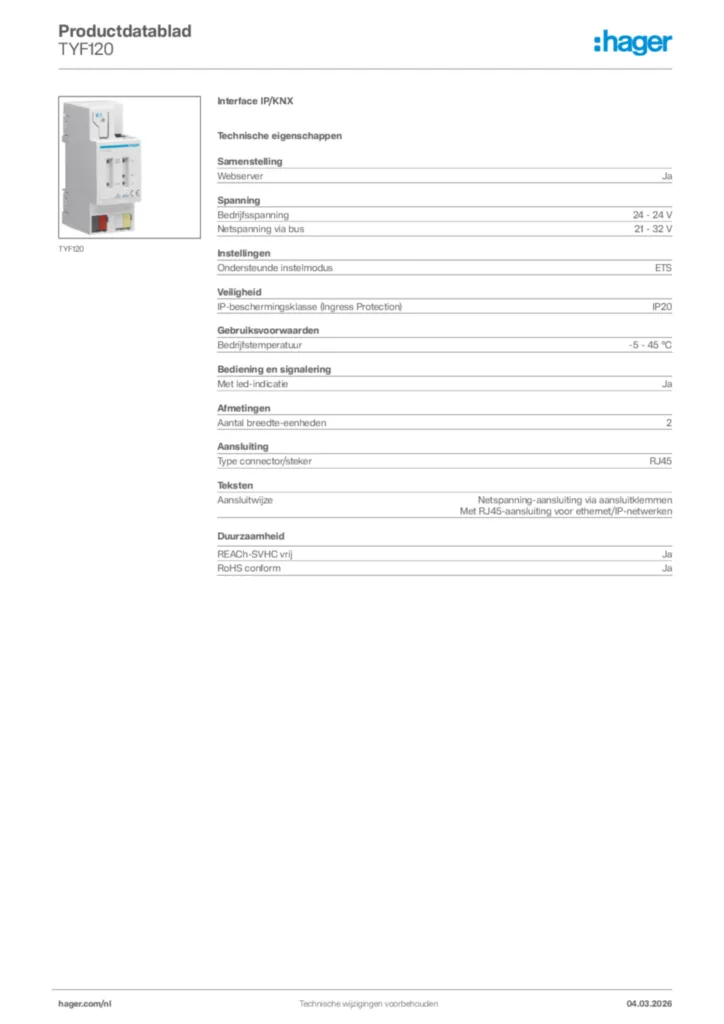 Afbeelding Hager Productdatablad TYF120 | Hager Nederland