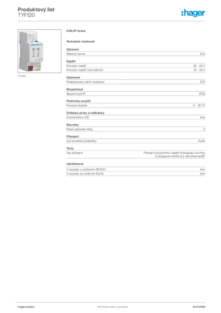 Obrázek Hager Produktový list TYF120 | Hager