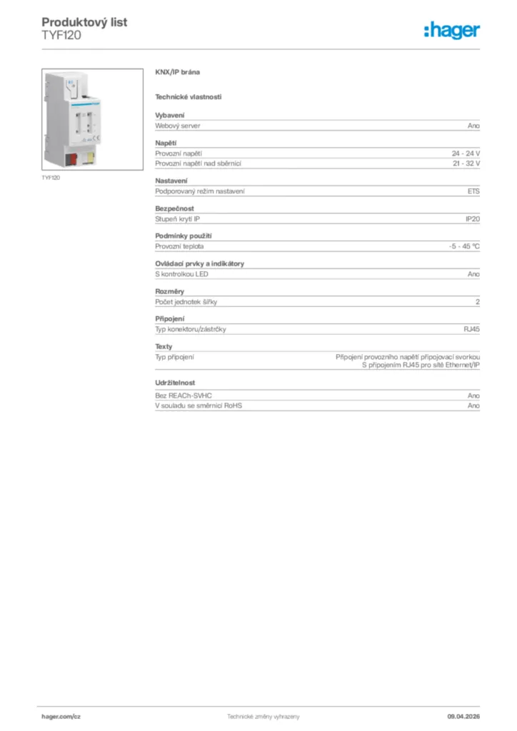 Obrázek Hager Product data sheet TYF120 | Hager