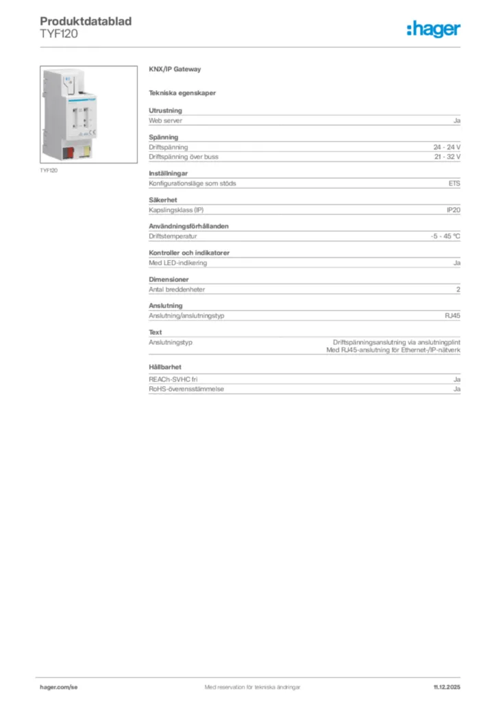 Bild Hager Produktdatablad TYF120 | Hager Sverige