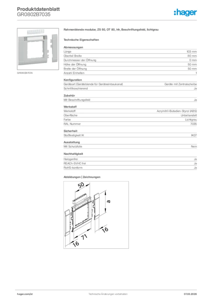 Bild Hager Produktdatenblatt GR0802B7035 | Hager Deutschland