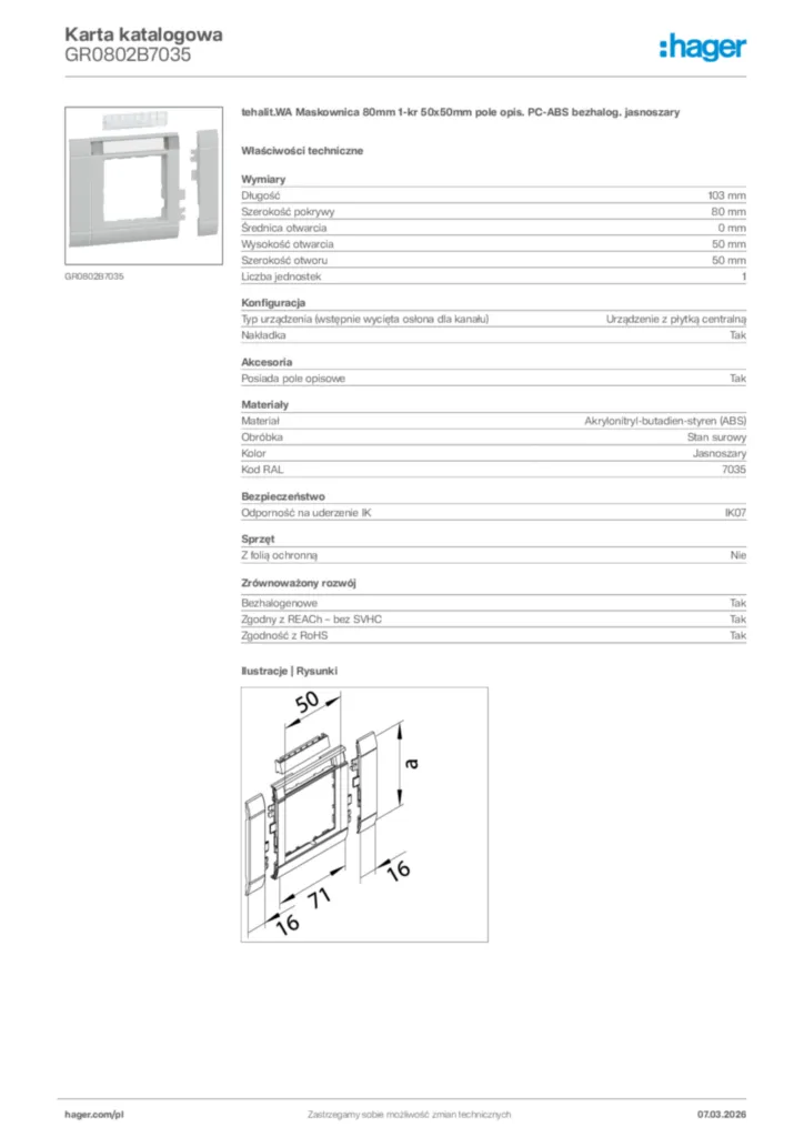 Zdjęcie Hager Karta katalogowa GR0802B7035 | Hager Polska