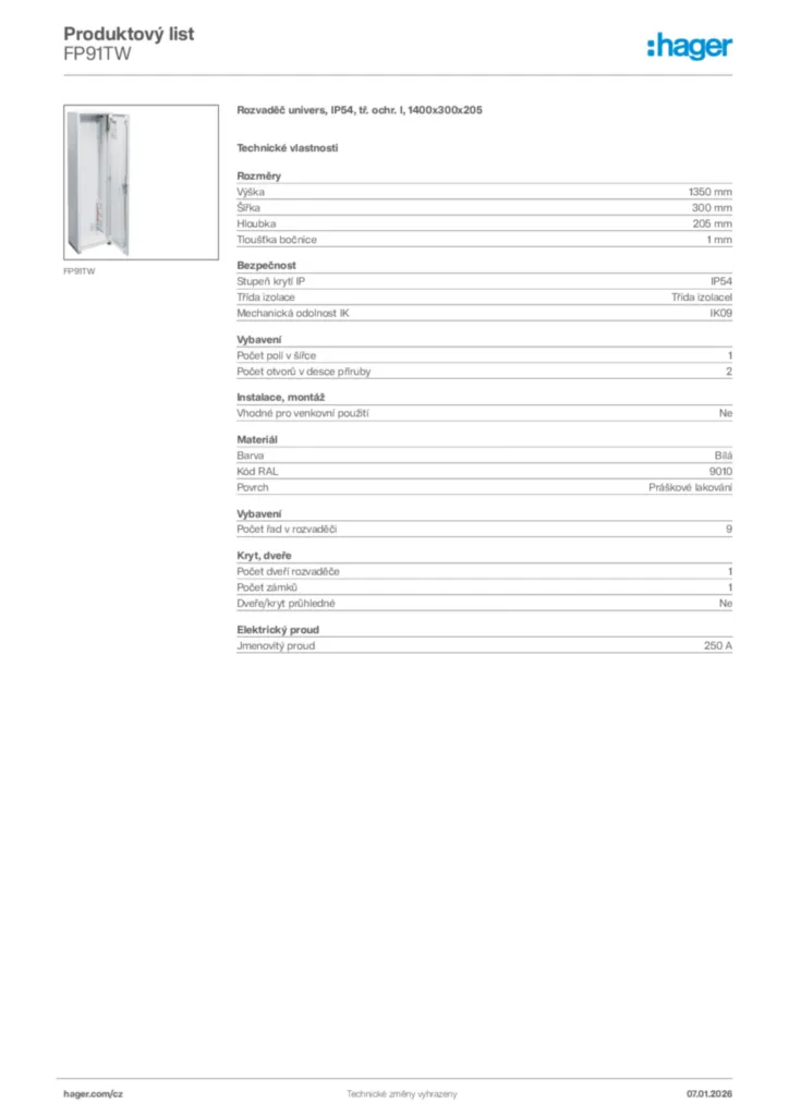 Obrázek Hager Product data sheet FP91TW | Hager