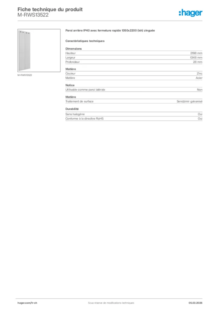 Image Hager Fiche technique du produit M-RWS13522 | Hager Suisse