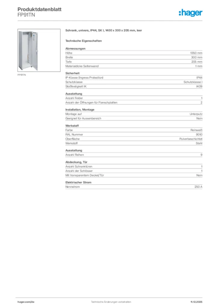 Bild Hager Produktdatenblatt FP91TN | Hager Deutschland