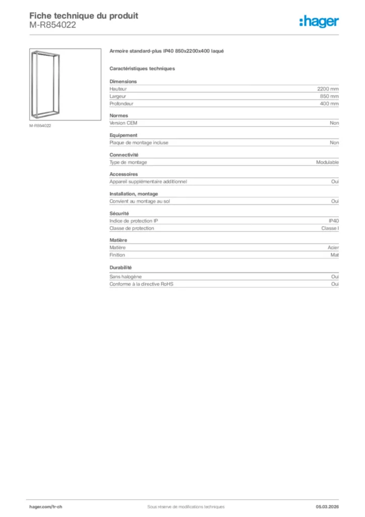 Image Hager Fiche technique du produit M-R854022 | Hager Suisse