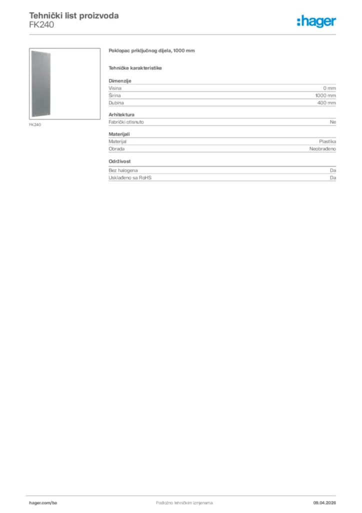 Slika Hager Tehnički list proizvoda FK240  | Hager