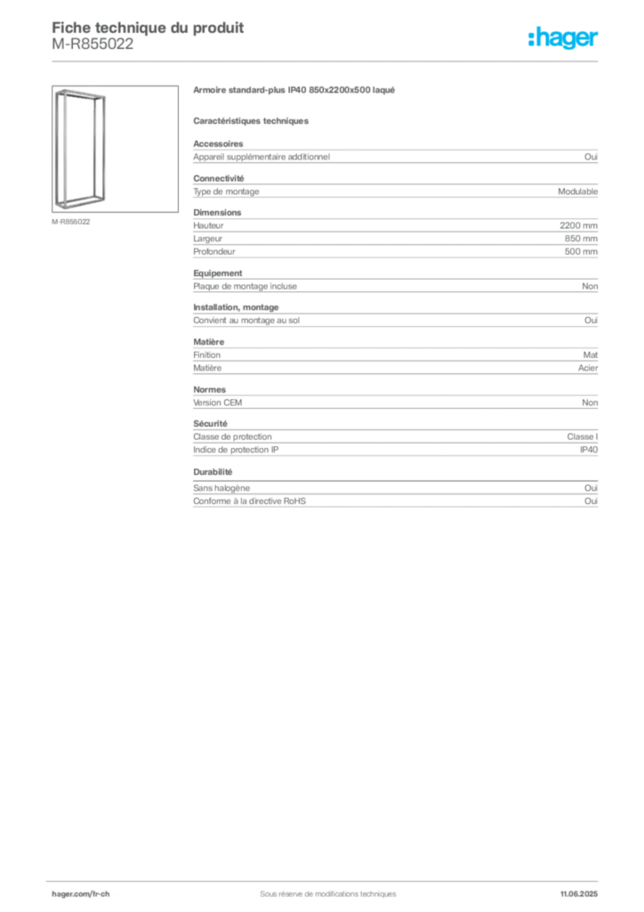 Image Hager Fiche technique du produit M-R855022 | Hager Suisse