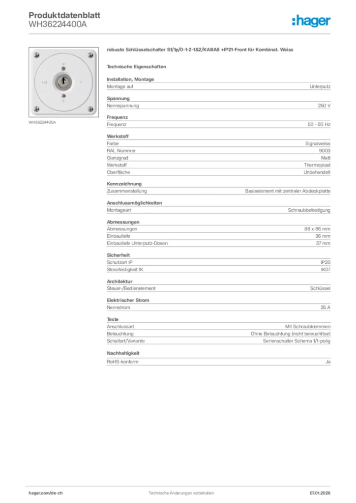 Bild Hager Produktdatenblatt WH36224400A | Hager Schweiz