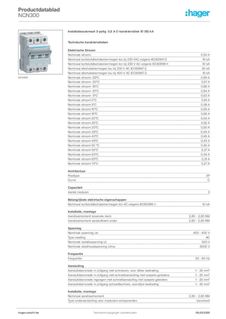 Afbeelding Hager Productdatablad NCN300 | Hager Belgium