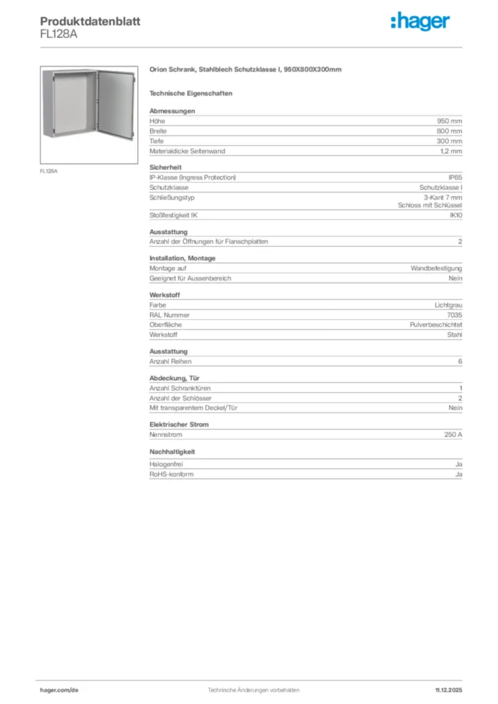 Hager Produktdatenblatt FL128A