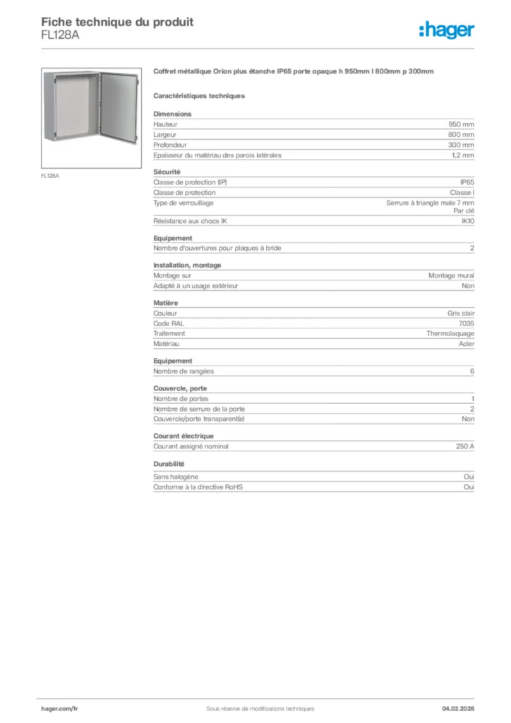 Image Hager Fiche technique du produit FL128A | Hager France