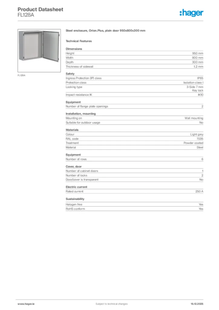 Image Hager Product data sheet FL128A  | Hager