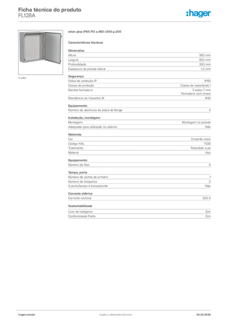 Imagem Hager Ficha técnica do produto FL128A | Hager Portugal