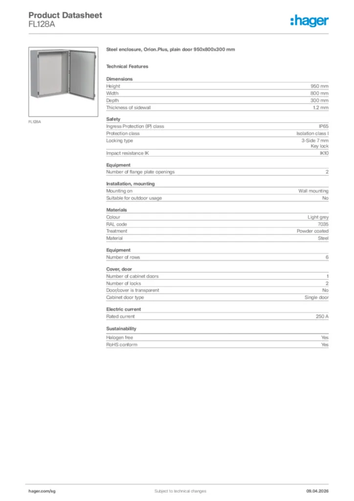 Image Hager Product data sheet FL128A  | Hager