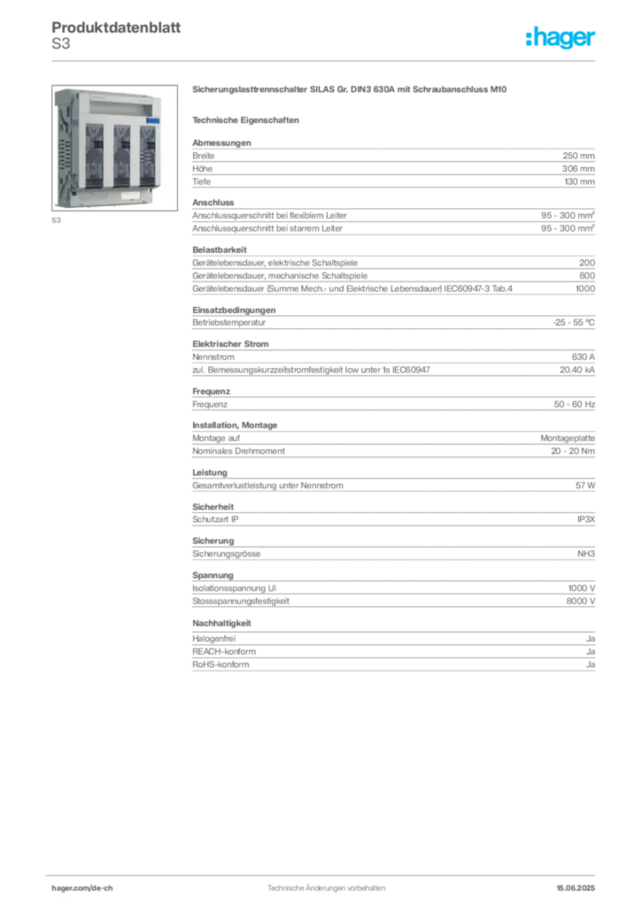 Bild Hager Produktdatenblatt S3 | Hager Schweiz