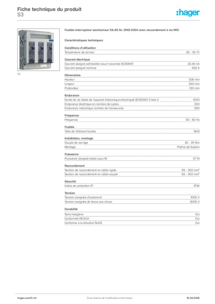 Image Hager Fiche technique du produit S3 | Hager Suisse