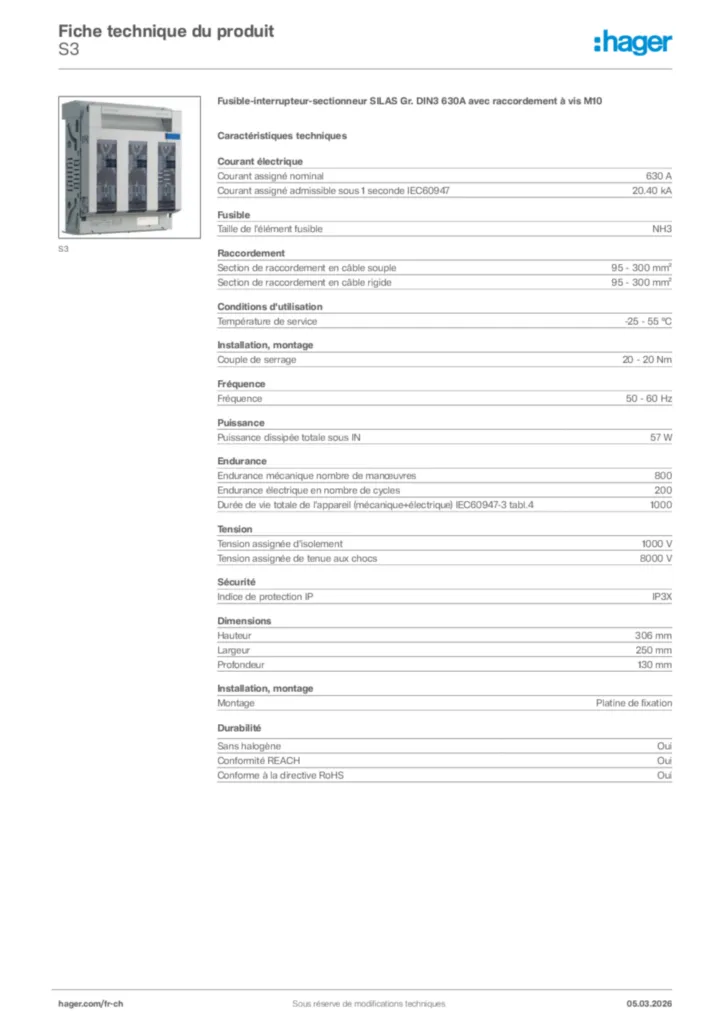 Image Hager Fiche technique du produit S3 | Hager Suisse